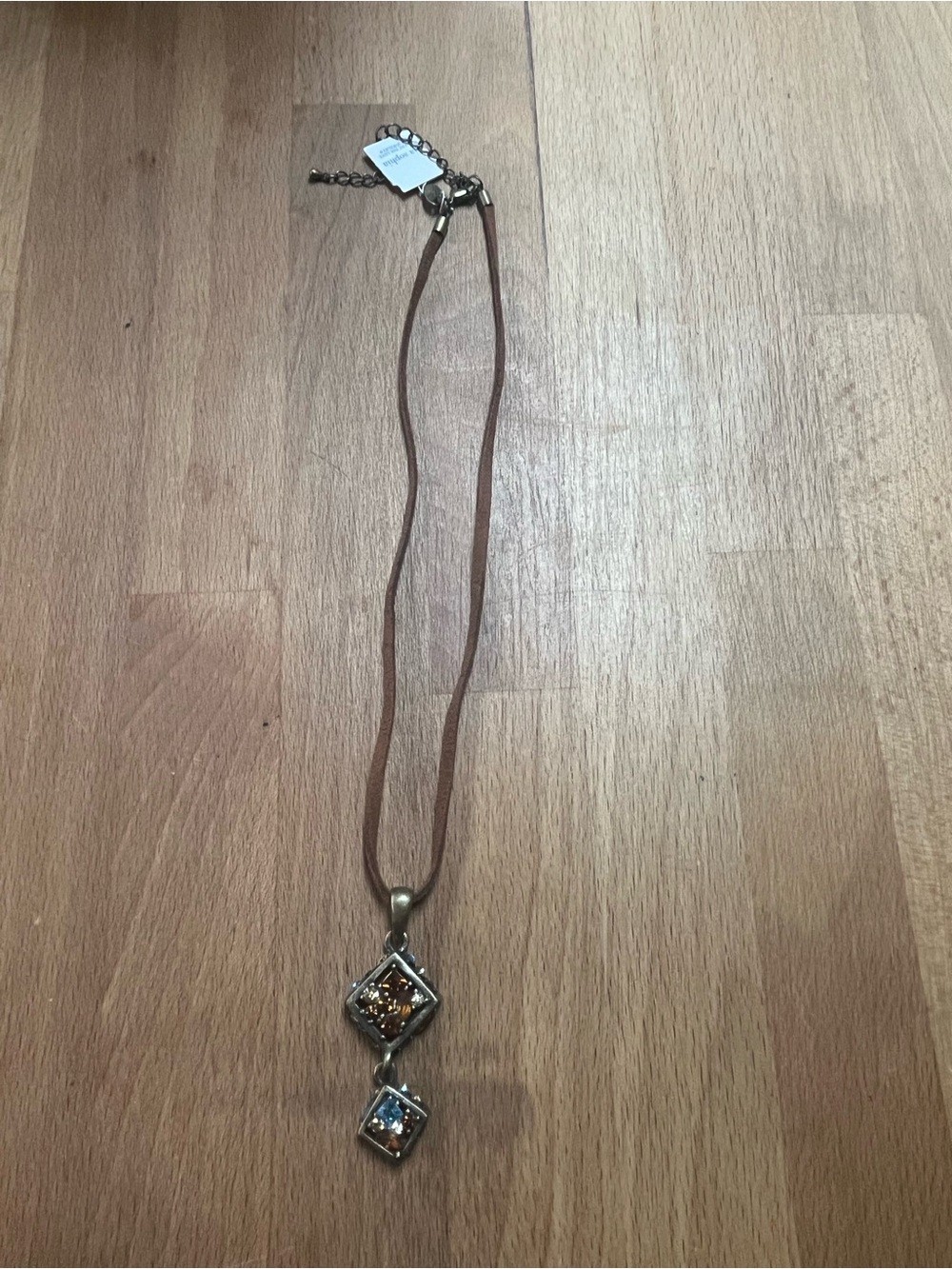Lia Sophia Brown Cord Necklace with Amber and Blue Crystal Pendants